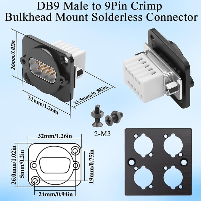 QIANRENON DB9 Panel Mount Solderless Connector Compact DB9 Male to 9Pin Crimp Terminal Bulkhead Mount Serial Adapter D-SUB 9Pin Wiring Plug, Locking Screw Hole, for RS232/RS485/RS422 Communication