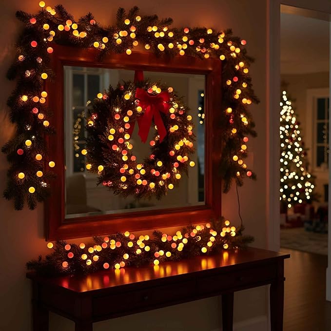 QBIS 120 LED Christmas Cluster Fairy Lights – Red, Orange, Yellow Indoor Decorative String Lights, Plug-in Fall Decor for Indoor or Outdoor use.