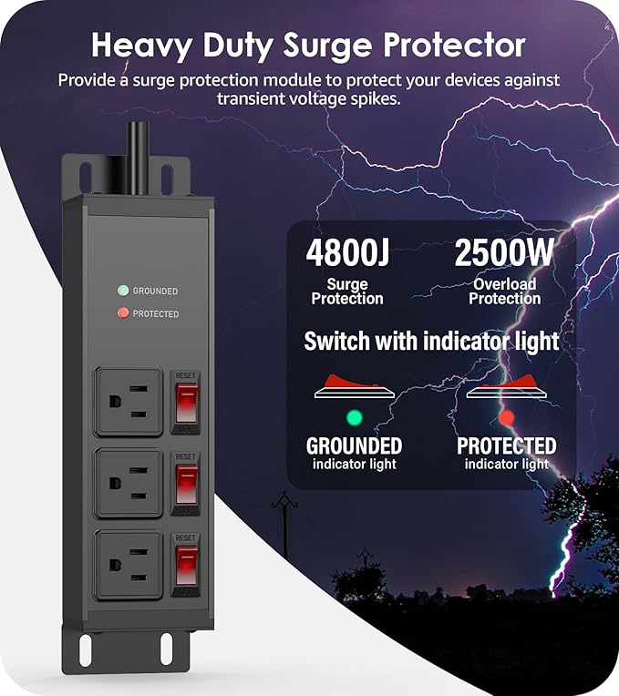 CCCEI 3 Outlet Heavy Duty Surge Protector Power Strip 20 Amp Individual Switches. 12 Gauge Extension Cord, Overload, Ground Protection. Garage Wall Mount Electric Extender, 15FT, Black.