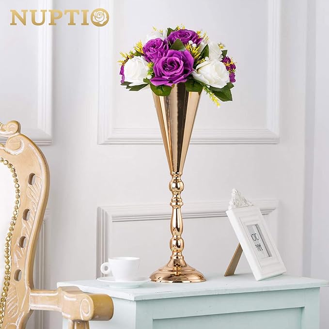 NUPTIO Pcs of 6 Fake Flower Ball Arrangement Bouquet,15 Heads Plastic Roses with Base, Suitable for Our Store's Wedding Centerpiece Flower Rack for Parties Valentine's Day Home Décor (Purple & White)