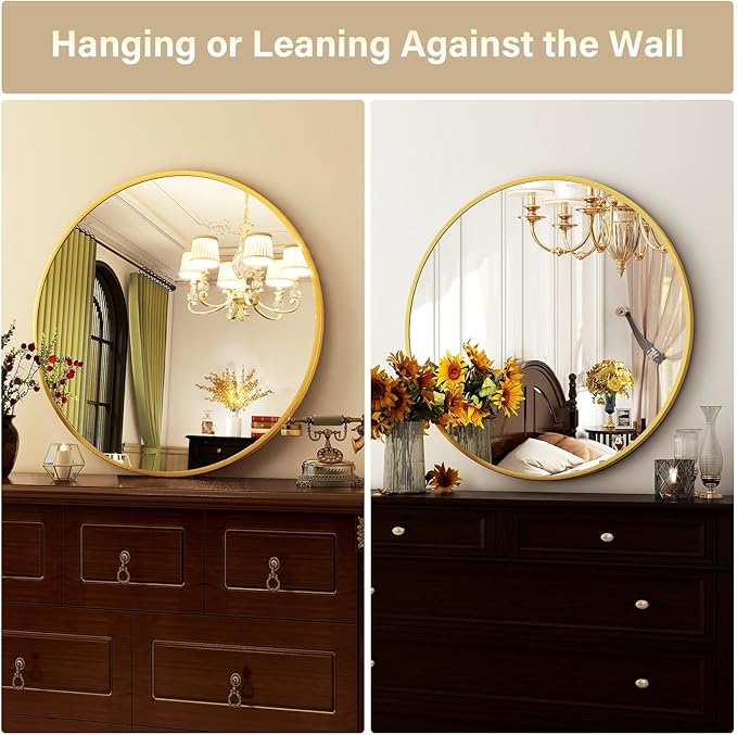 HARRITPURE 24 Inch Round Mirror, Gold Circle Bathroom Mirror, Modern Aluminum Alloy Frame Wall Mounted Vanity Mirror for Living Room, Bedroom, Entryway