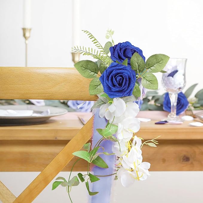 MACTING 30PCS Artificial Glitter Flowers Fake Flowers with Stem Real Touch Foam Roses for Wedding Bouquet Table Centerpieces Party Wreath Home Spring Mothers Day Decorations(Royal Blue)