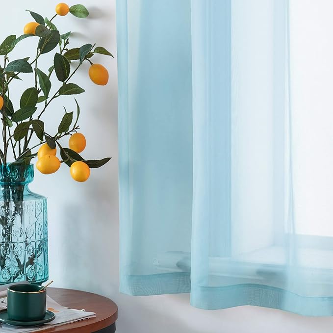 DUALIFE Sky Blue Sheer Curtains 63 Inches Length Look Semi Transparent Natural Light Flow Grommet Curtains for Bedroom and Living Room, 52 x 63 Inches, Set of 2 Panels Light Baby Blue