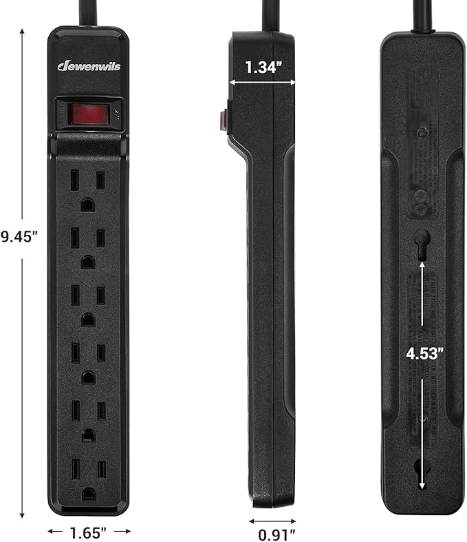 DEWENWILS 2-Pack Power Strip Surge Protector,25 Ft Extra Long Extension Cord, Low Profile Flat Plug,15 Amp Circuit Breaker, 500 Joules, Wall Mount, Black, UL Listed