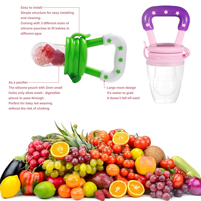 Food Feeder Baby Fruit Feeder Pacifier (3 Pcs) with 6 Different Sized Silicone Pacifiers,Silicone Baby Food Dispensing Spoon 90ML with 2 Babies Spoons Pacifier Clip Infant Fruit Teething Feeders-Pink