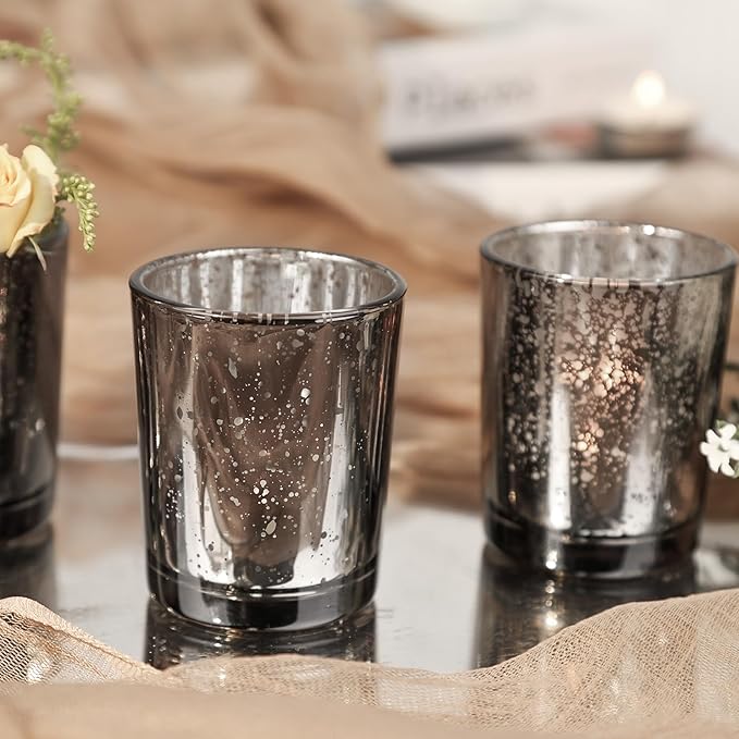 24 Pcs Black Votive Candle Holders, Speckled Mercury Black Glass Candle Holder Bulk for Wedding Centerpiece Table Decor, Tea Lights Candle Holder for Valentines Day Decor, Home Decor