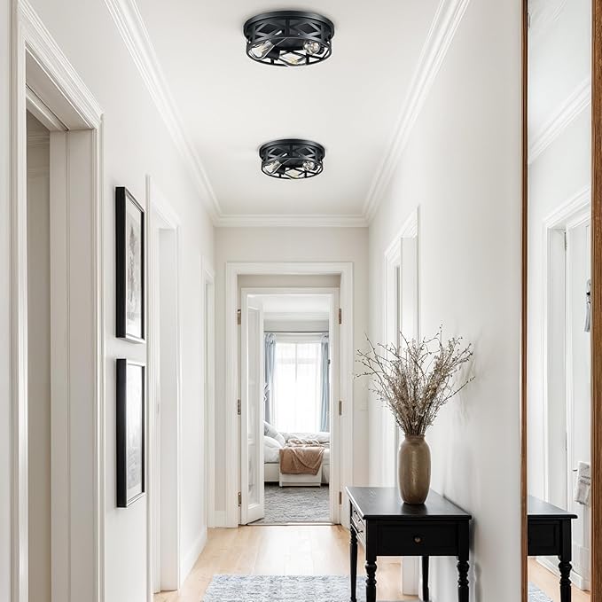 VONLUCE Flush Mount Ceiling Lights, 4-Light Hallway Ceiling Lighting Fixtures, 15 inch Farmhouse Metal Cage Ceiling Lights for Entryway Kitchen, Adjustable Lamp Holders, 2 pcs, Black