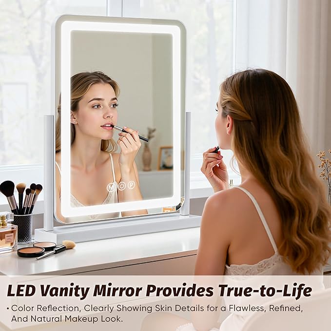 Vanity Mirror with Lights, 18"x13" Hollywood Lighted Makeup Mirror for Tabletop & Bedroom 3 Color Lighting Modes Smart Touch Control 360° Rotation Detachable