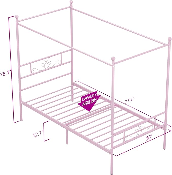 Weehom Twin Canopy Bed Frame with Headboard and Footboard, 4 Posters Metal Bed Frame, No Box Spring Needed, Mattress Foundation Platform Bed for Kids and Adults, Pink