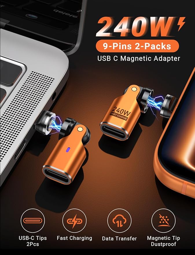 USB C Magnetic Adapter PD 240W(2Pack), 9PIN USB C 90 Degree Adapter/C Right Angle Adapter/180 Degree USB Connector/C to C Adaptor for 1Phone 16/15 Series, Ma-Book Pro/1Pad Series (Orange, 2 Pack)