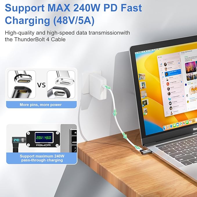 Digital Display USB C Magnetic Adapter Right Angle PD240W 24Pin(2 Pack)Voltage Current Power LED Display, Type C Power Meter Tester 90 Degree USBC 4 40Gbps 8K 60Hz for Thunderbolt 3/4, MacBook Pro/Air