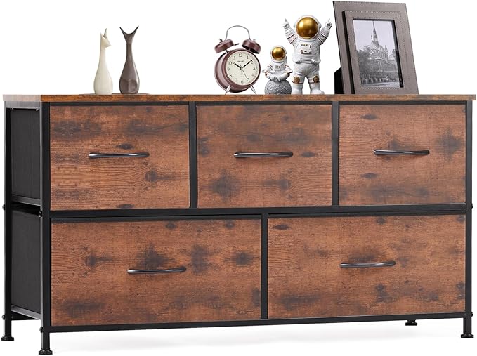 OLIXIS Dresser for Bedroom with 5 Drawers, Wide Chest of Drawers, Fabric Bedroom Dresser with Drawer Organizer, Storage Organizer Unit with Fabric Bins for Closet, Living Room, Hallway, Classic Black