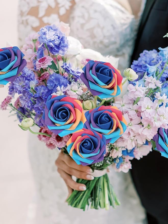 MACTING Artificial Rose Flowers 60PCS Real Looking Foam Fake Roses Rainbow Fake Flowers with Stem for DIY Wedding Bouquets Baby Shower Centerpieces Party Tables Home Spring Mothers Day Decorations