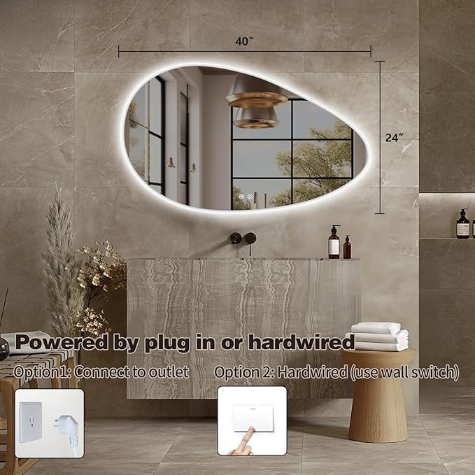 Niccy Irregular LED Bathroom Mirror with Lights, 24"x40" Asymmetrical Backlit-Mirror for Wall Mounted, Bathroom Vanity Mirrors with Memory, Dimmable, 3 Colors, Anti-Fog, IP65 Waterproof