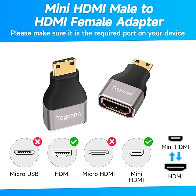 8K Mini HDMI to HDMI Adapter 2Pack,Mini HDMI (Male) to HDMI (Female) Converter Connector (Aluminum Shell) Support 8K@60Hz,4K@120Hz, HDR,3D Compatible with Camera, Camcorder, Laptop, Raspberry Pi Zero