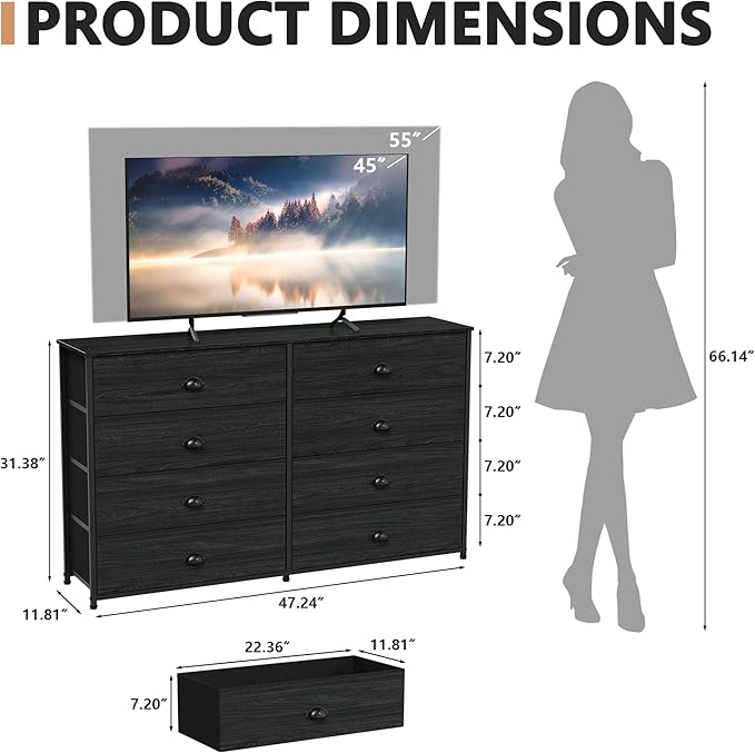 Furnulem Wide Dresser with 8 Fabric Drawers, TV Entertainment Center with Storage for 55'' TV, Large Chest of Drawers for Bedroom, Living Room, Dorm, Closet, Entryway, Wood Top (Black Oak)