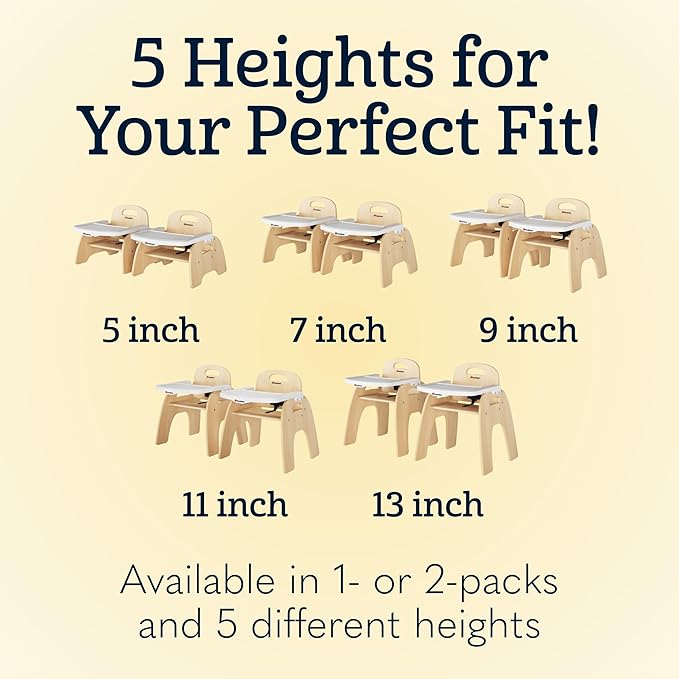 Foundations Easy Serve Low Wood Feeding Chairs Multipack, Adjustable Harness, Removable Dishwasher Safe Tray, No-Tip Base, Stackable Toddler Chairs, 2 Pack (13 inch)