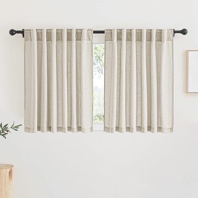 RYB HOME Sheer Linen Curtains, Small Light & Privacy Semi Translucent Curtains Sheer Faux Linen Vintage Drapes for Bedroom, RV Camper, Laundry, Party, W 52" x L 36", 2 Pcs, Angora