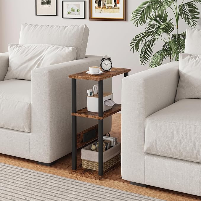 Narrow Side Table with Charging Station, 2 Set Skinny End Tables for Small Spaces, Sofa Beside-Table with Storage Shelf, Slim Nightstand with USB Ports Outlet, Couch Tables Rustic Brown UTBT003F2