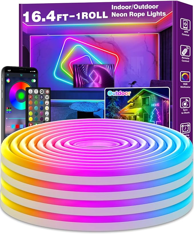 AILBTON 16.4Ft Neon Rope Lights,Flexible Led Rope Lights Control with App/Remote,Multiple Modes Rope Lights,IP65 Outdoor RGB Led Neons Lights,Music Sync Gaming Led Neon Light Strip for Bedroom Decor