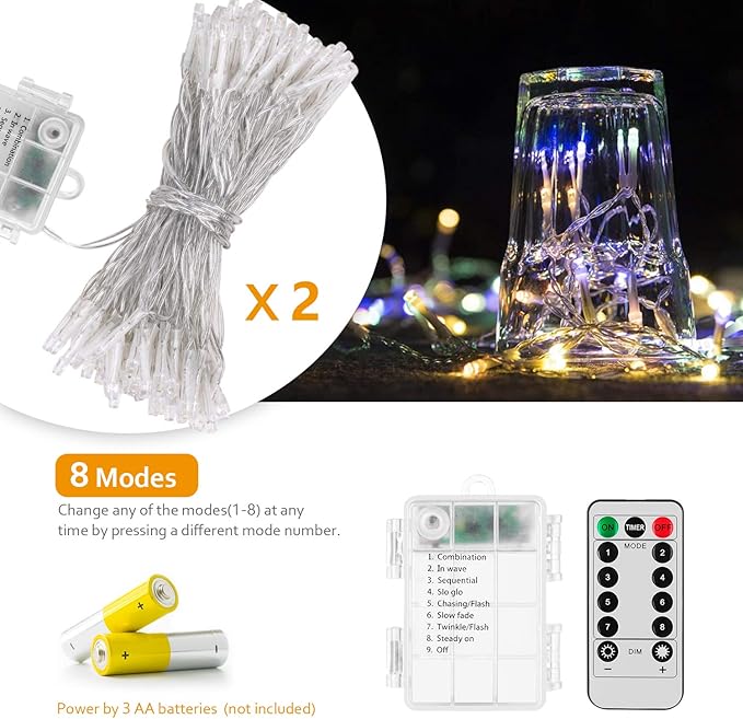 2 Pack 16.4ft 50 LED Battery Operated String Lights with Remote Timer Waterproof 8 Modes String Lights for Bedroom, Garden, Easter, Party, Christmas Indoor and Outdoor Decorations -Multicolor