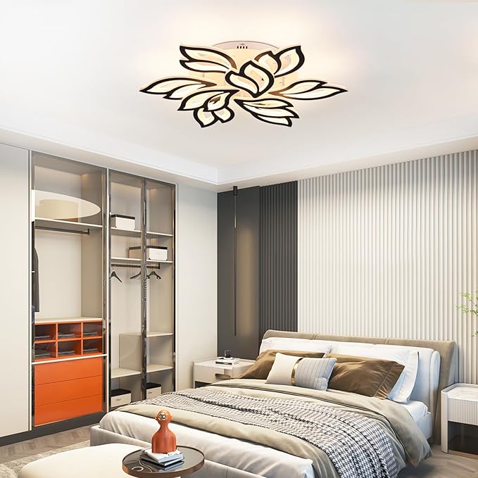 Garwarm LED Ceiling Light, Dimmable Modern Flower Shape Flush Mount Ceiling Lamp, 75W Acrylic Petals Ceiling Chandelier Lighting with Remote Control for Living Room Bedroom Dining Room (Black)