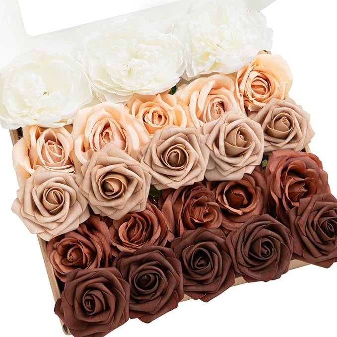 Ling's moment Artificial Flowers Fake Silk Peonies Faux Foam Roses Combo for DIY Wedding Bouquets Centerpieces Arrangements Bridal Shower Party Home Decorations, Dried Flower & Orange, 19pcs