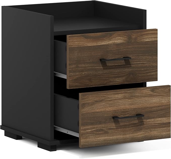 Furinno End Side Night Stand Modern Bedroom Bedside Tables Handle 2 Chest Nightstand, 1-Pack Drawer, Columbia Walnut/Black