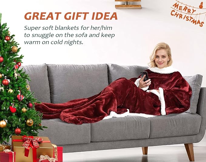 Catalonia Sherpa Wearable Blanket with Sleeves & Foot Pockets for Adult Women Men, Comfy Snuggly Wrap Sleeved Throw Blanket Robe, Gift Idea, Wine