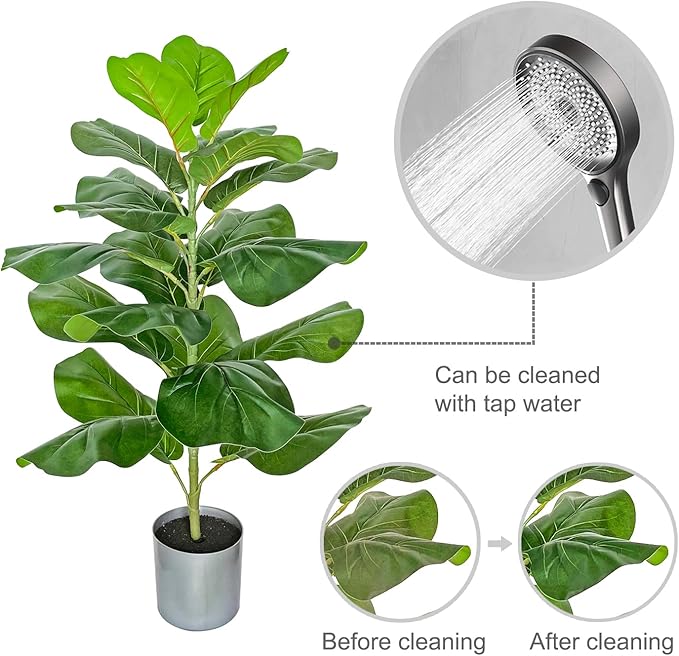 BESAMENATURE 30.5" Little Artificial Fiddle Leaf Fig Tree/Faux Ficus Lyrata for Home Office Decoration, Ships in Silvery Gray Planter