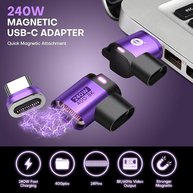 USB C 90 Degree Magnetic Adapter 2 Pack Right Angle 24 PIN 40Gbps PD 240W OTG Magnet Charger Extender 8K 60Hz Video for USB 4 Steam Deck ROG Ally Switch PC Tablet iPhone 15 16 17 (Purple)