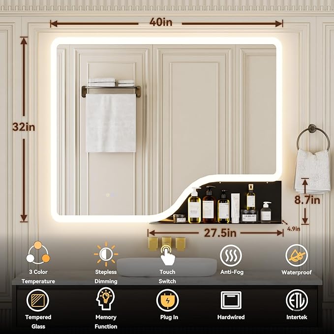 40"x 32" LED Bathroom Mirror with Shelf, Wall-Mounted Backlit Vanity Mirror with Lights, Smart Bathroom Mirror with 3 Colors, Anti-Fog, Stepless Dimmable, Memory (UL, ETL)