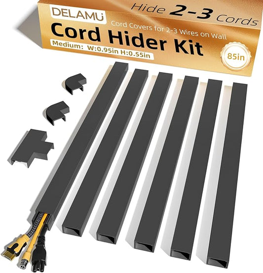 Delamu Black Cord Hider, 85in Cord Covers for 2-3 Wires on Wall, Self-Adhesive Cable Hider, Wire Hiders Wire Covers for TV Cords on Wall, Easy Mount Cable Cover Raceway Kit, W0.95 H0.55in, Black