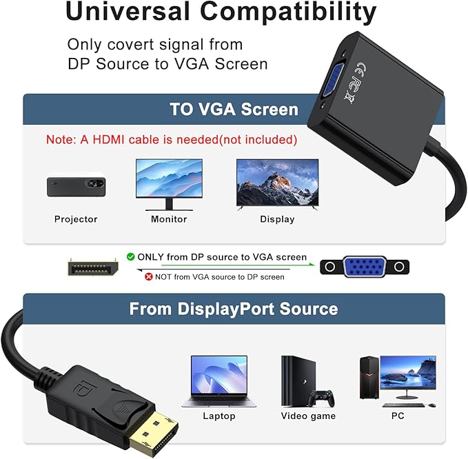 Wanme Displayport (DP) to VGA Adapter, Gold Plated DP Male to VGA Female Converter Compatible with Computer, Desktop, Laptop, PC, Monitor, Projector, HDTV (Black)