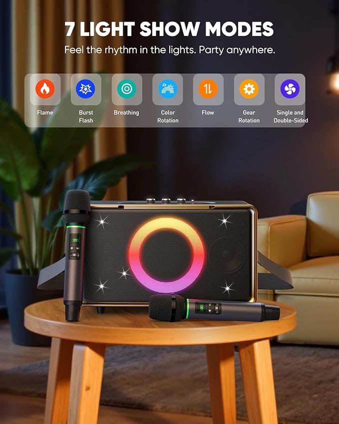 GFEEN Portable Bluetooth Speaker: 200W Peak, 15H Playtime, Wireless Speakers with Microphone, 5″ Subwoofer, Loud Sound, Light Show, Fast Charging for Outdoor, Party, Backyard(Gold with 2Mic)