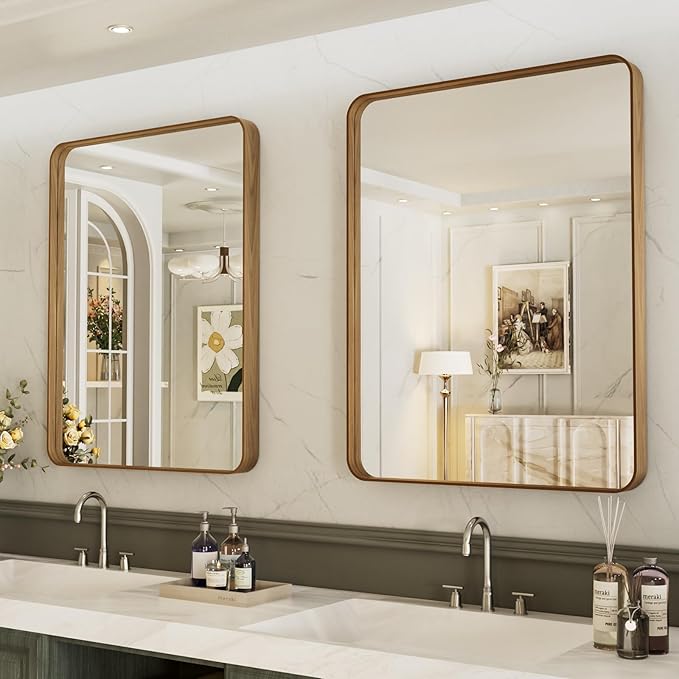 LOAAO 30X36 Inch Bathroom Mirror with Wood Grain Colored Metal Frame, Rounded Rectangle Metal Framed Bathroom Mirror, Anti-Rust, Hangs Horizontally or Vertically, Tempered Glass