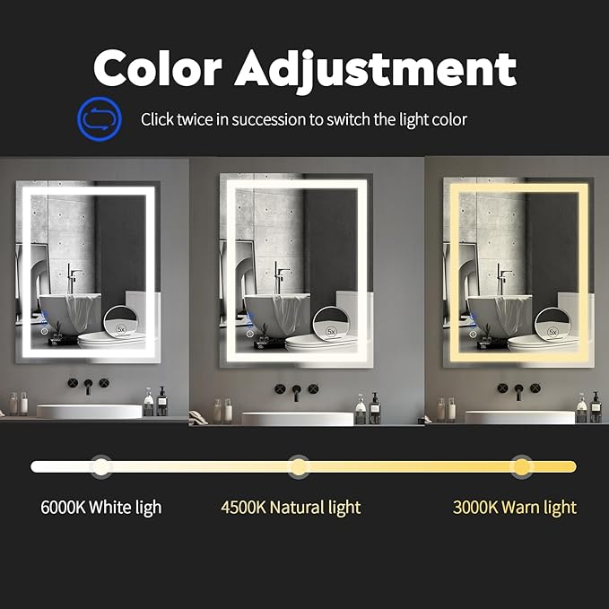 36 x 28 LED Bathroom Mirror with Lights Led Mirror Bathroom Lighted Large Wall-Mounted Vanity Mirror Smart Touch Button,Anti-Fog,Waterproof,Stepless Dimmable,Adjustable Color