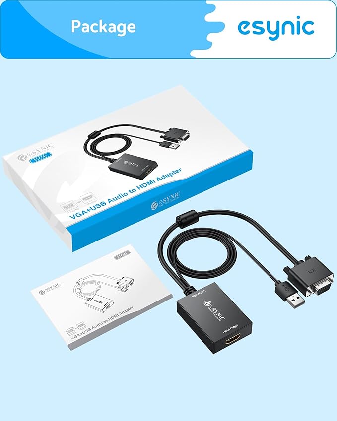 eSynic Professional VGA to HDMI Adapter 1080P VGA to HDMI Cable Converter ABS Shell Male to HDMI Female Support USB Power&Audio Output with Mirror & Extend Modes for Laptop to Monitor etc