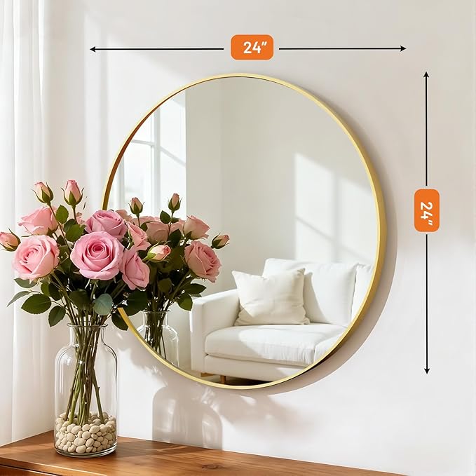 Sweetcrispy Round Bathroom Mirror 24 Inch Gold Metal Framed Wall Mounted Circle Vanity Mirror for Bathroom, Bedroom, Living Room, Entryway, Anti-Rust, Modern Decorative, Hanging or Leaning