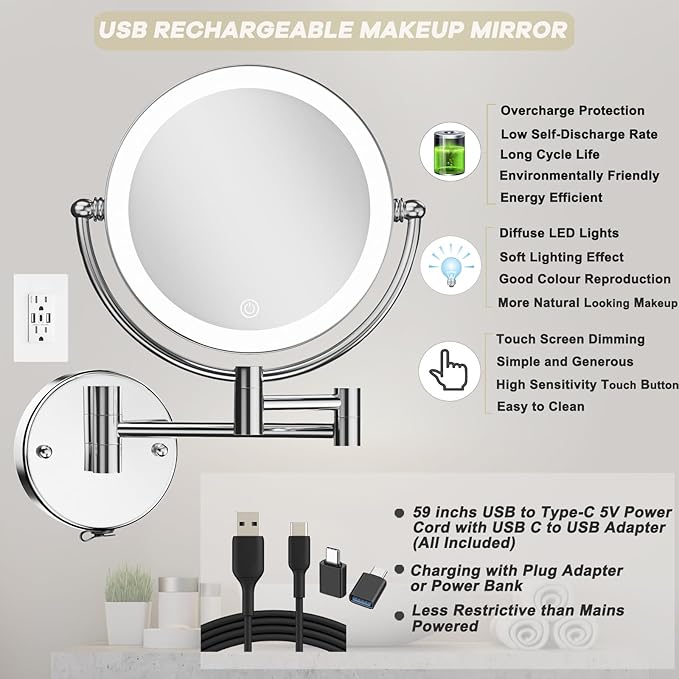 Wall Mounted Makeup Mirror with Lights and 10X Magnification, 8 Inches Rechargeable Double Sided Magnifying, Touch Dimmable Extended Arm 360 Rotation, Foldable Vanity Mirror for Bathroom
