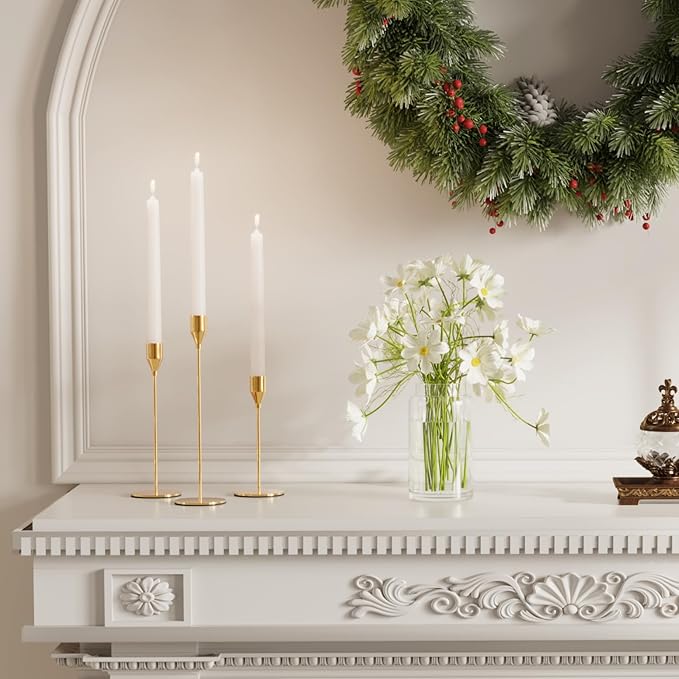 Gold Taper Candle Holders, Set of 3 Metal Candlestick Holders for Candle Sticks Holder Decor, Ideal for Mantle Table Centerpiece, Weddings, Dining, Housewarming Gift & Anniversaries
