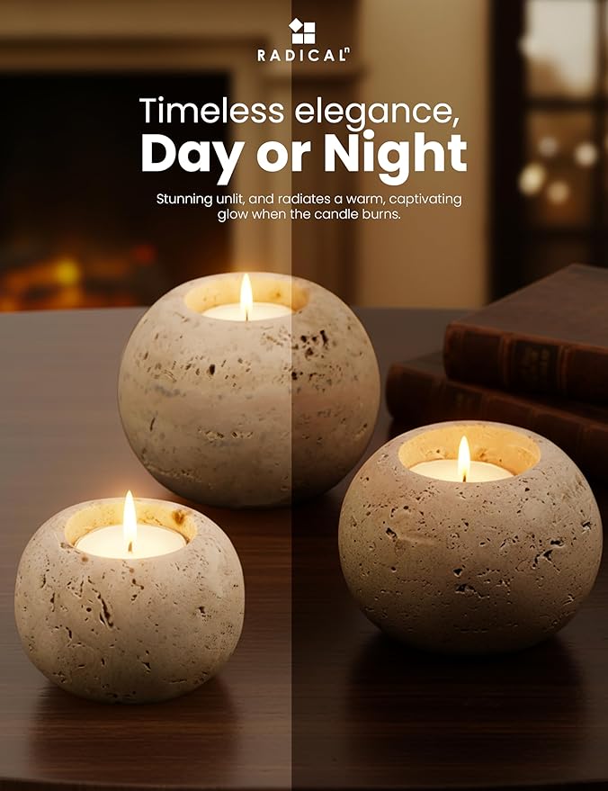 Radicaln Marble Tealight Candle Holder 4" Inch Travertine Handmade Decorative Votive Candle Holder for Wedding Centerpieces, Elegant Set of 3 Mini Candle Holders for Living Room