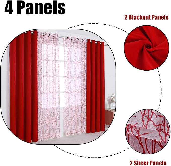 BONZER Mix and Match Curtains - 2 Pieces Branch Print Sheer Curtains and 2 Pieces Blackout Curtains for Bedroom Living Room Grommet Window Drapes, 54x95 Inch/Panel, Red, Set of 4 Panels