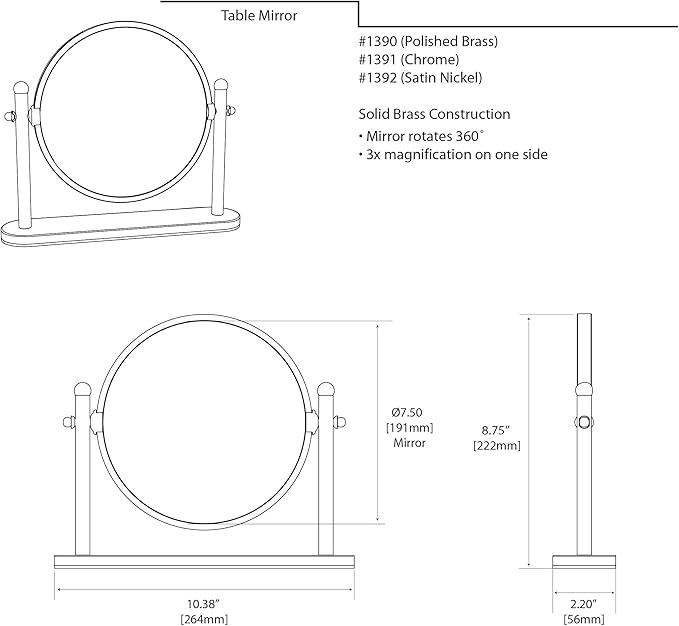 Gatco 1391MX Table Mirror, Matte Black/ 7.50" Double Sided Tabletop Makeup Vanity Mirror with 3X Magnification on One Side and Rotates 360 Degrees