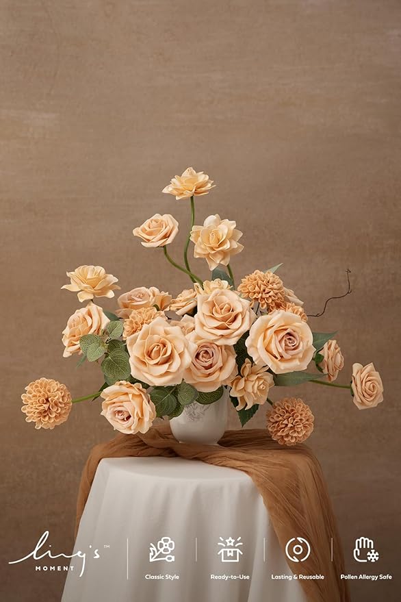 Ling's Moment Artificial Flowers Fake Silk Roses Faux Dahlia Foam Gardenia Combo for DIY Wedding Bouquets Centerpieces Arrangements Bridal Shower Party Home Decorations, Apricot & Peach, 24pcs