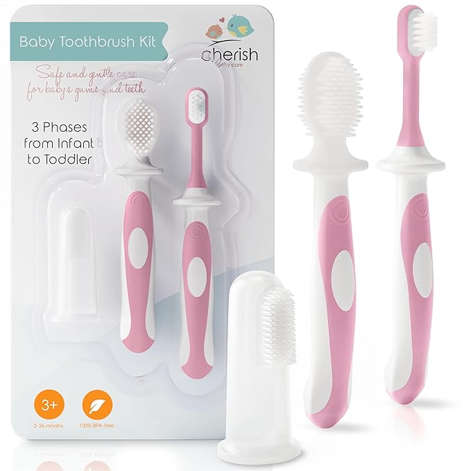Cherish Baby Care Baby Toothbrush & Toddler Toothbrush Set (0-2 Years) - BPA-Free & Safety-Tested, 2023 Award Winner, Food-Grade Silicone (Pink)