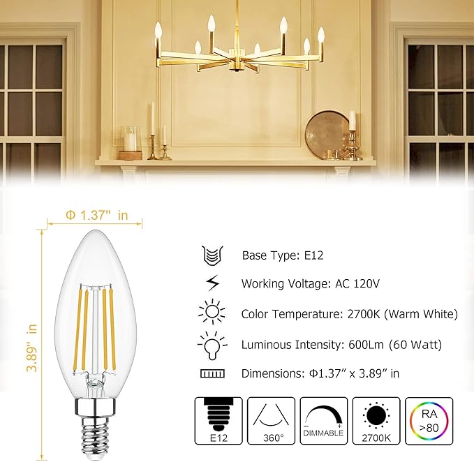 Cotanic LED Candelabra Bulb Dimmable 2700K Soft Warm White, E12 Small Base Type B Light Bulb 60W Equivalent, B11 Candle Light Bulb for Chandelier, Ceiling Fan Light Bulbs, 600LM, AC 120V, 8 Pack