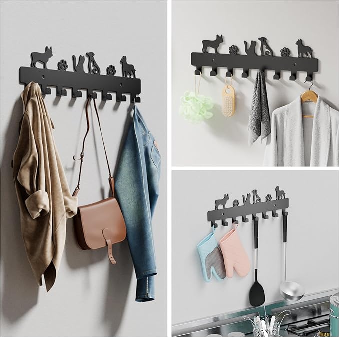 GTK Key Hooks with 8 Hooks Wall Mounted, Key Holder for Wall Decor, Dog Key Holder for Entryway, Self Adhesive Cat Key Rack for Living Room