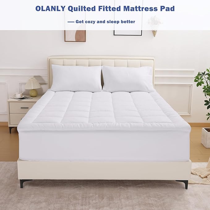 OLANLY Twin XL Quilted Fitted Mattress Pad – Soft Pillow Top Mattress Topper, Down Alternative Fill, Cooling Comfort Breathable Mattress Cover, Machine Washable Deep Pocket Mattress Protector, White