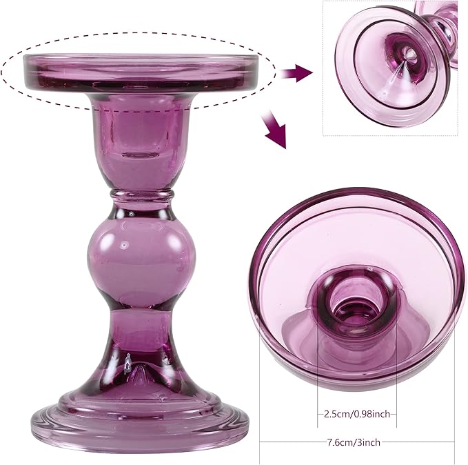 GMWD 3 Pcs Glass Candle Holder Set Clear, Purple Candlesticks Holders Pillar Taper Candles Tealight Stand for Wedding Centerpieces Home Decorations Dining Table